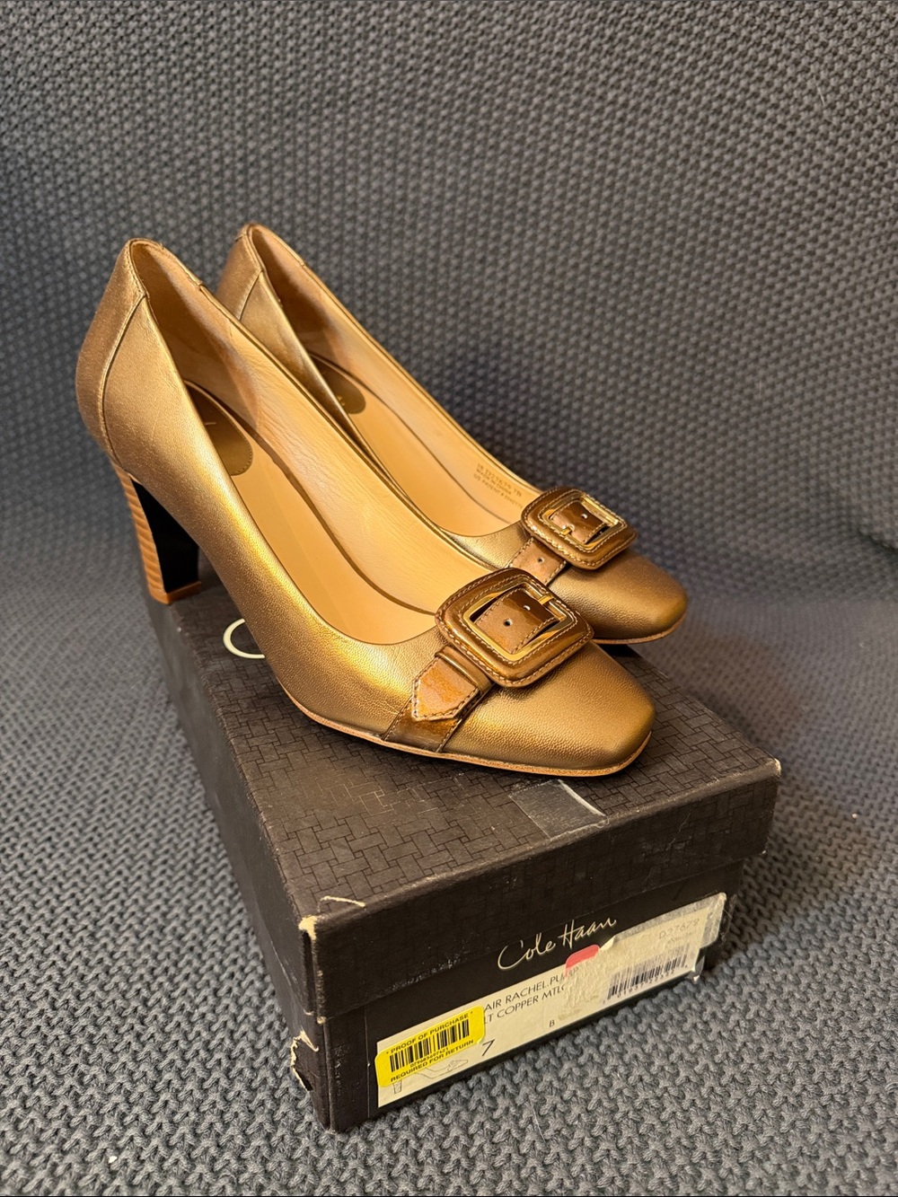 Cole Haan Metallic Gold Buckle Mid-Heel Pumps